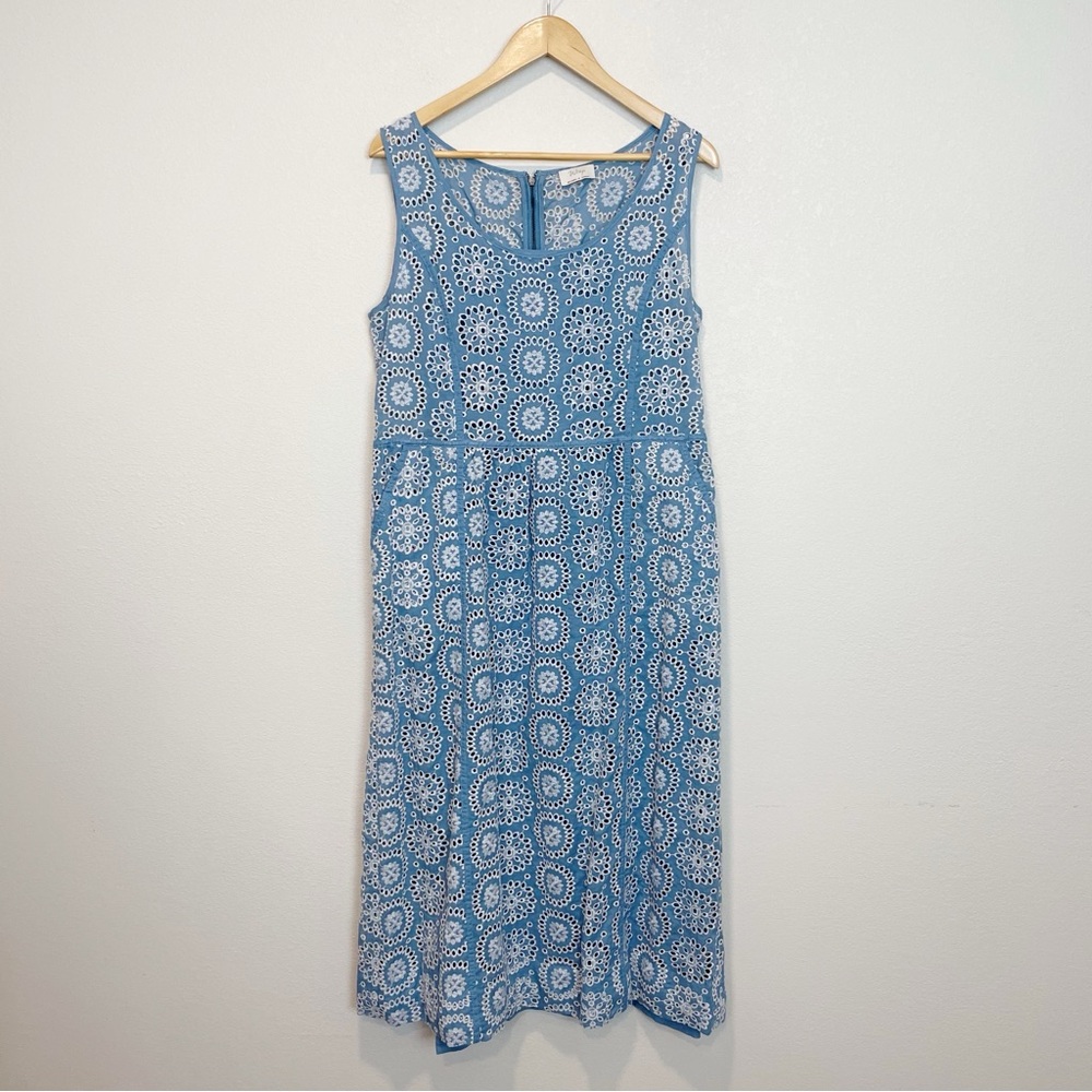 WRAP London Blue White Eyelet Cotton Midi Sleeveless Dress Size 10 Beachy